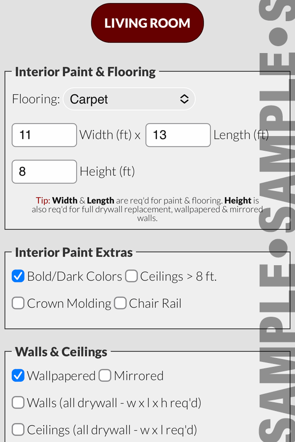 Sample of input form showing living room measurements