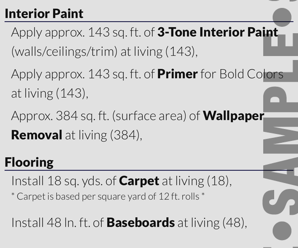 Sample output estimate of interior paint and flooring supplies required